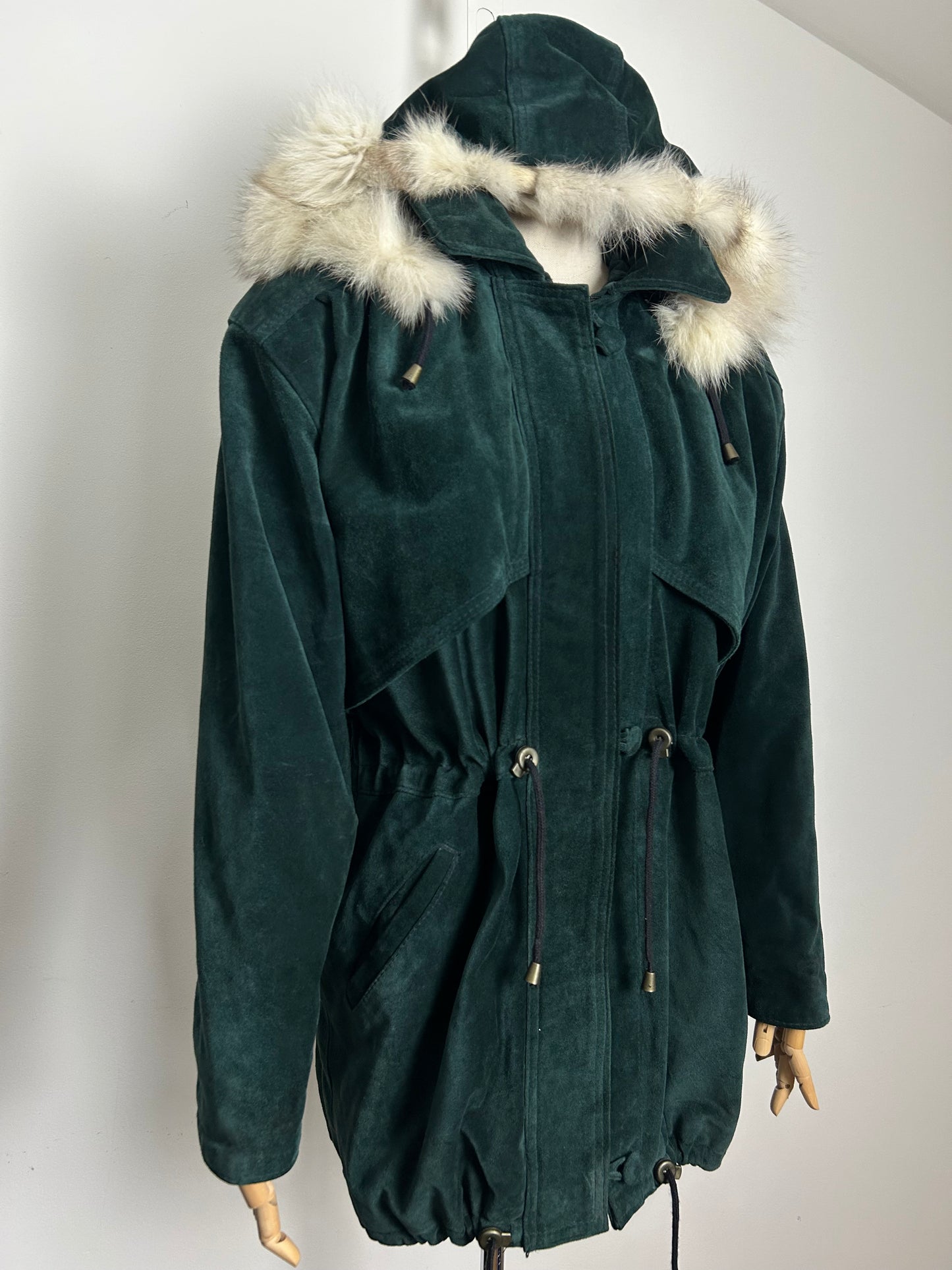 Vintage 1980s LEATHERSTIL ITALIAN Size 12-14 Dark Green Real Suede & Fur Trim Hooded Parka