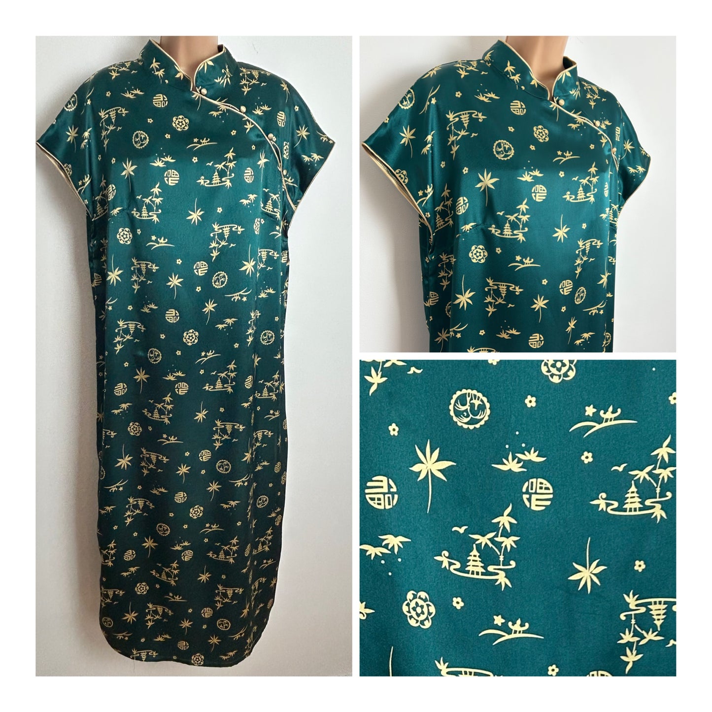 Vintage 1980s PALOMA Up To Size 16 Dark Green & Gold Japanese Pagoda Print Mandarin Collar Kaftan
