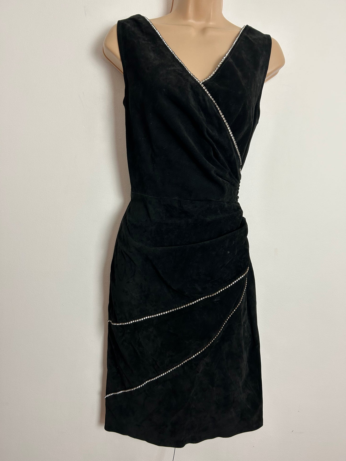 Vintage 1980s JACQUES SAC UK Size 6-8 Black Real Suede Leather Diamante Detail Fitted Cocktail Party Dress