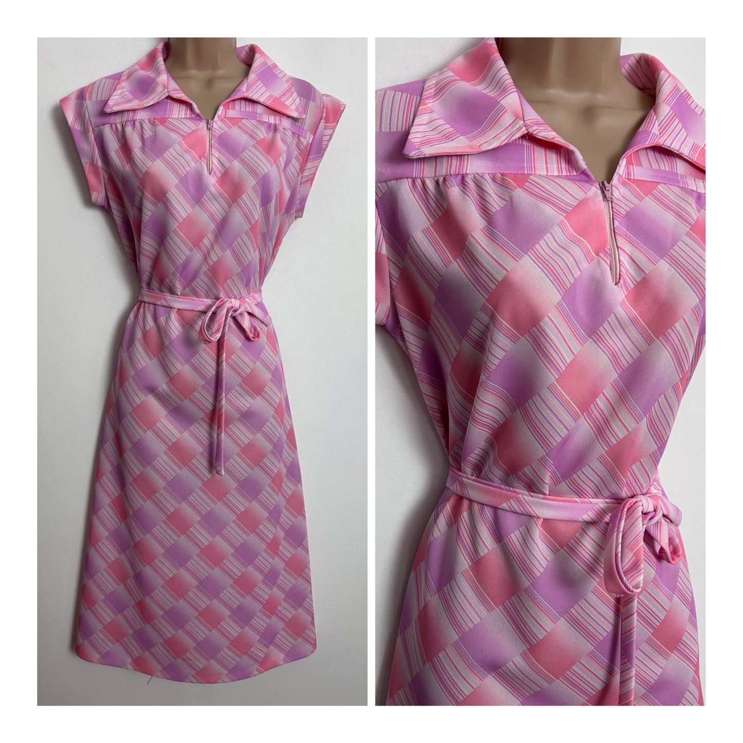 Vintage 1970s DEBENHAMS UK Size 14 Pink Tones Diamond & Stripe Print Belted Day Dress