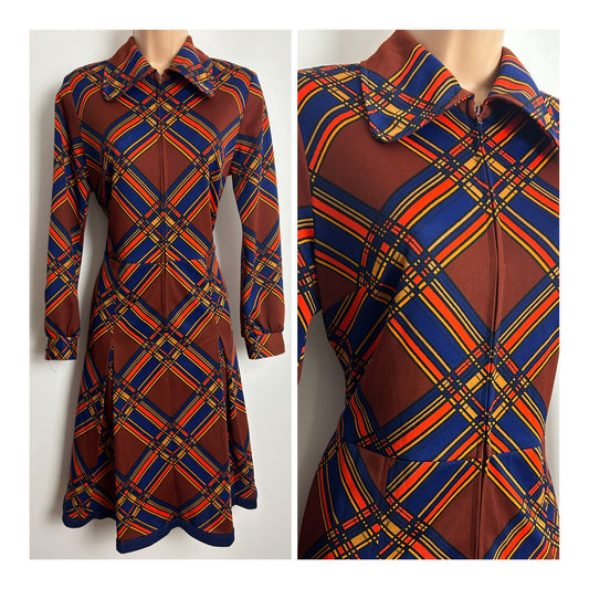 Vintage Early 1970s ST MICHAEL Size 12-14 Brown Blue & Orange Check Zip Fronted Long Sleeve Mod Dress