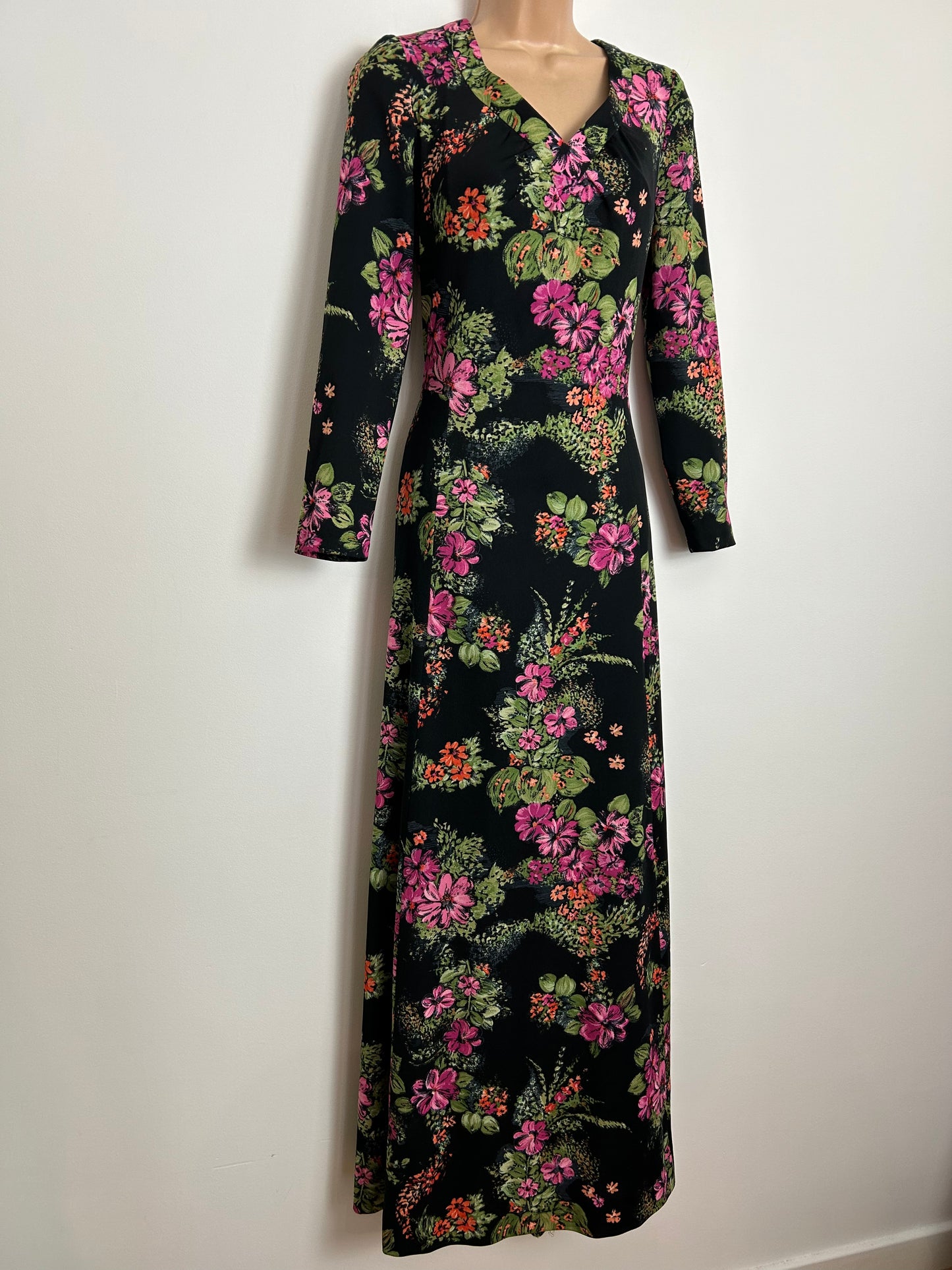 Vintage 1970s UK Size 12-14 Black Pink Green & Orange Floral Print Long Sleeve Boho Maxi Dress