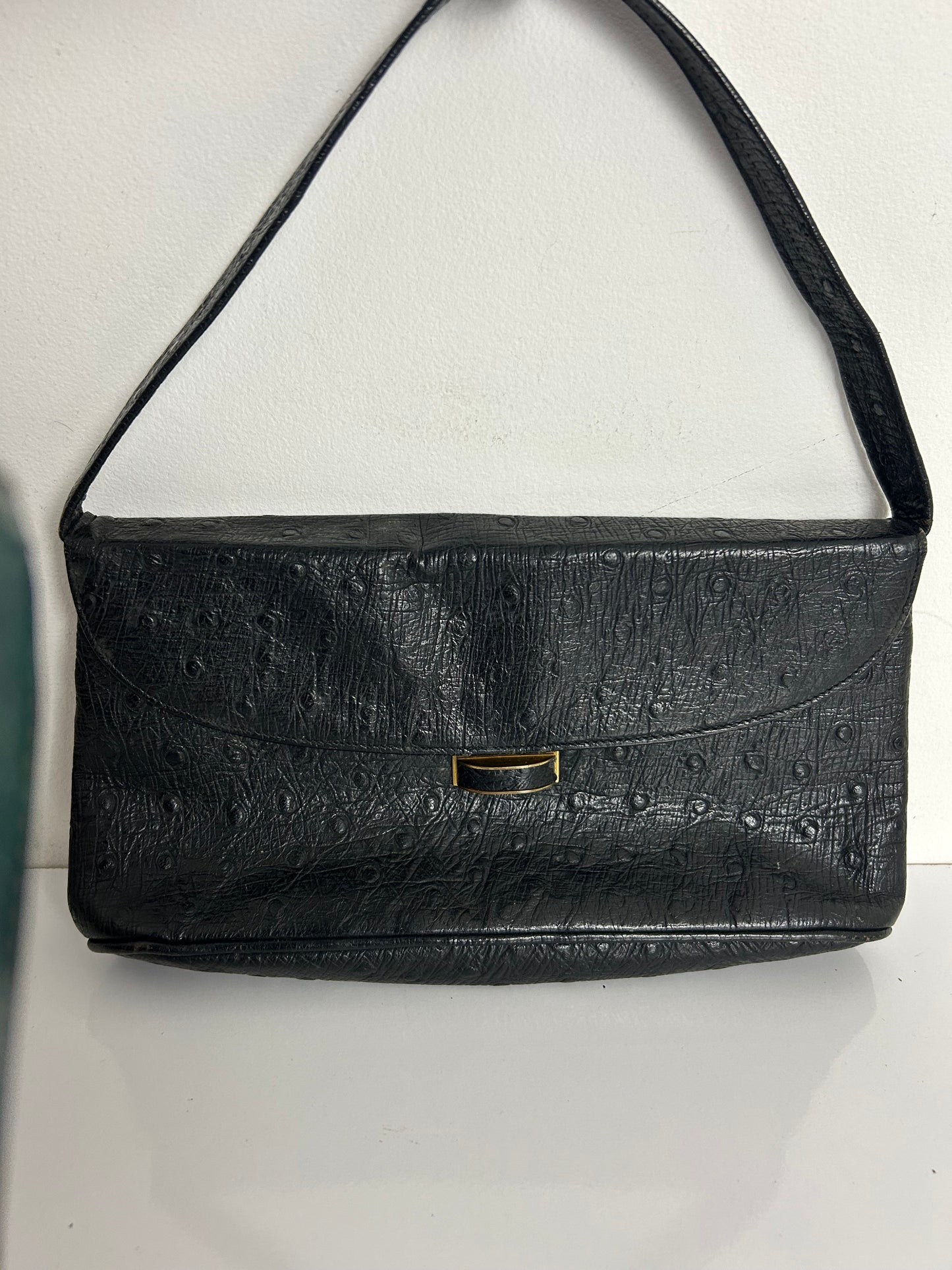 Vintage 1960s Black Ostrich Print Leather Small Handbag