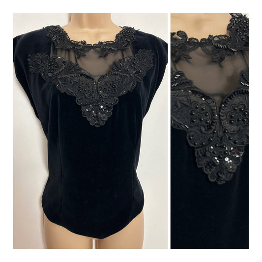Vintage 1980s UK Size 10-12 Black Velvet Floral Applique & Bead Detailing Sleeveless Top
