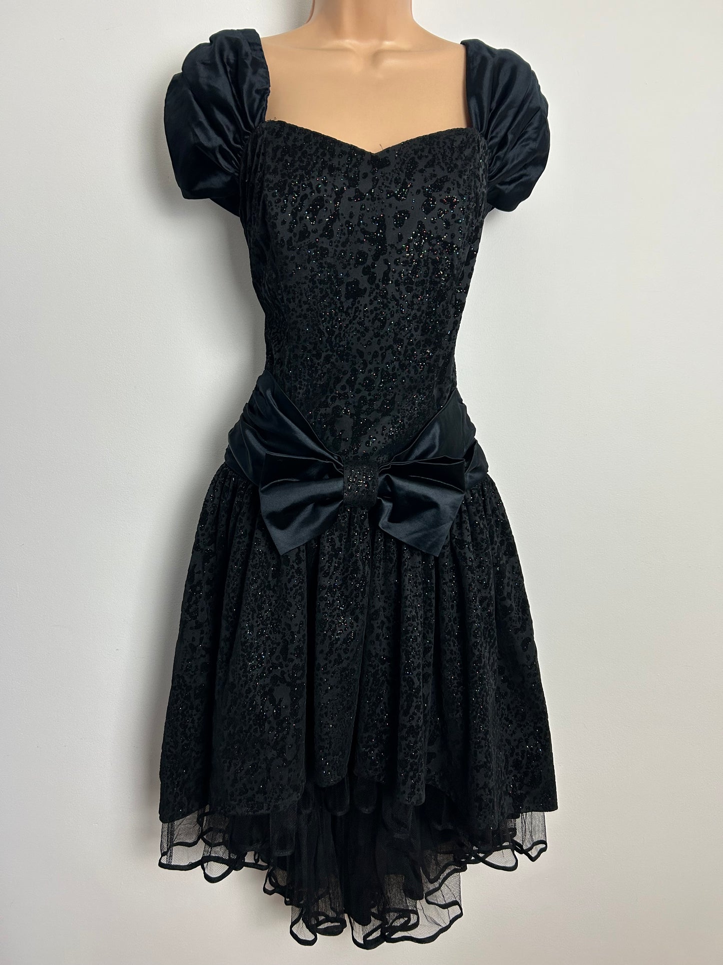 Vintage 1980s Size 12 Black Animal Print Velvet Glitter Flock Bow Detail Party Prom Dress