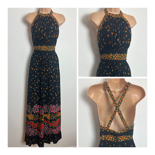 Vintage 1970s LABORN Size 6-8 Black & Orange Floral Print Cross Strap Maxi Dress