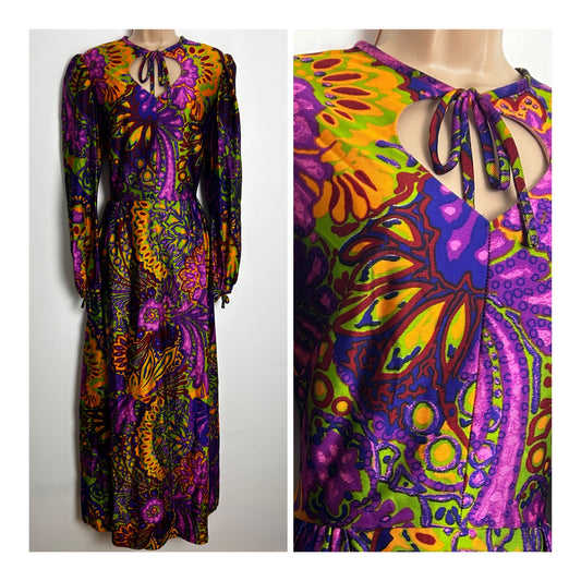 Vintage 1970s UK Size 8 Stunning Purple Orange & Green Abstract Floral Print Tie Neck Long Sleeve Maxi Dress