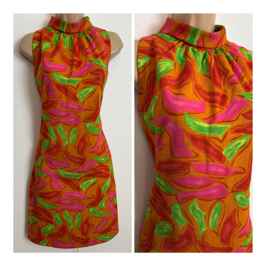 Vintage 1960s Size 10 Orange Pink & Green Abstract Print Sleeveless Crimplene Mod Shift Dress