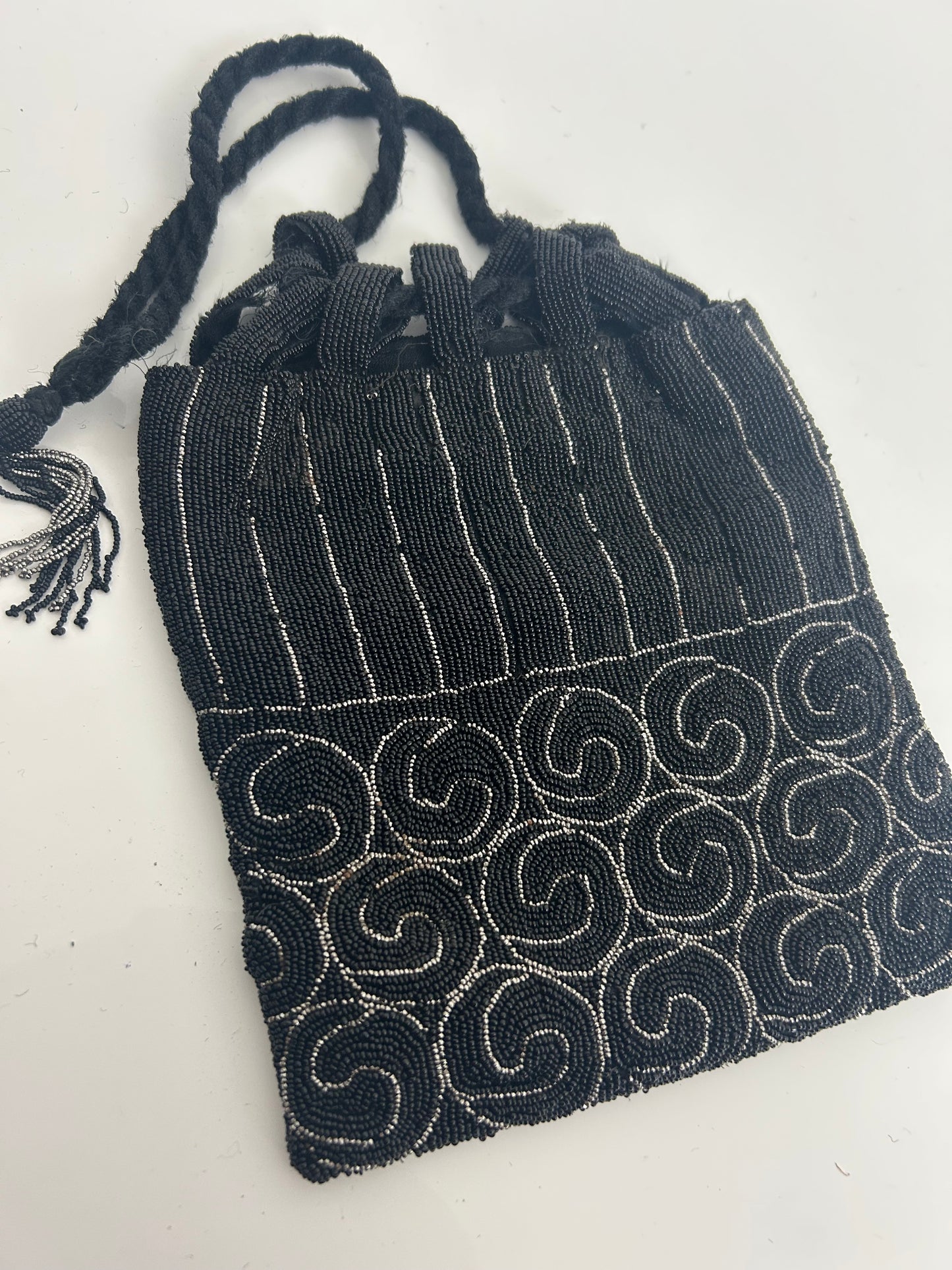 Vintage Circa 1920s Black & Silver Micro Beaded Swirl Pattern Pouch Style Flapper Bag