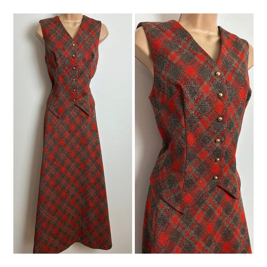 Vintage 1970s MACKERNESS Size 8 Orange Brown &  Gold Lurex Diamond Check Two Piece Skirt & Waistcoat Co-Ord Suit