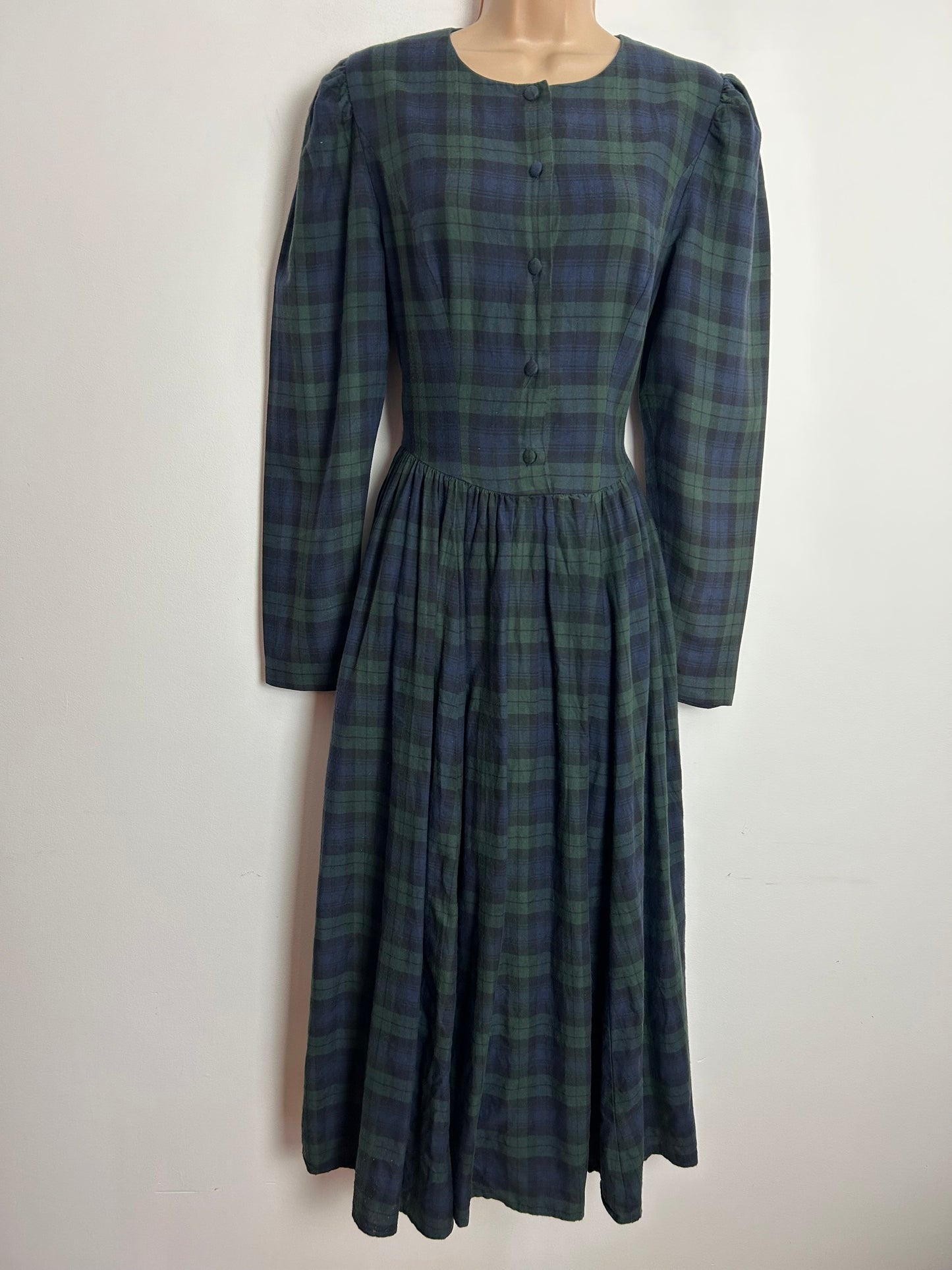 Vintage 1980s LAURA ASHLEY Made in Hungary UK Size 8 (12 On Label) Dark Blue & Green Check Print 100% Cotton Gather Pleated Midi Day Dress