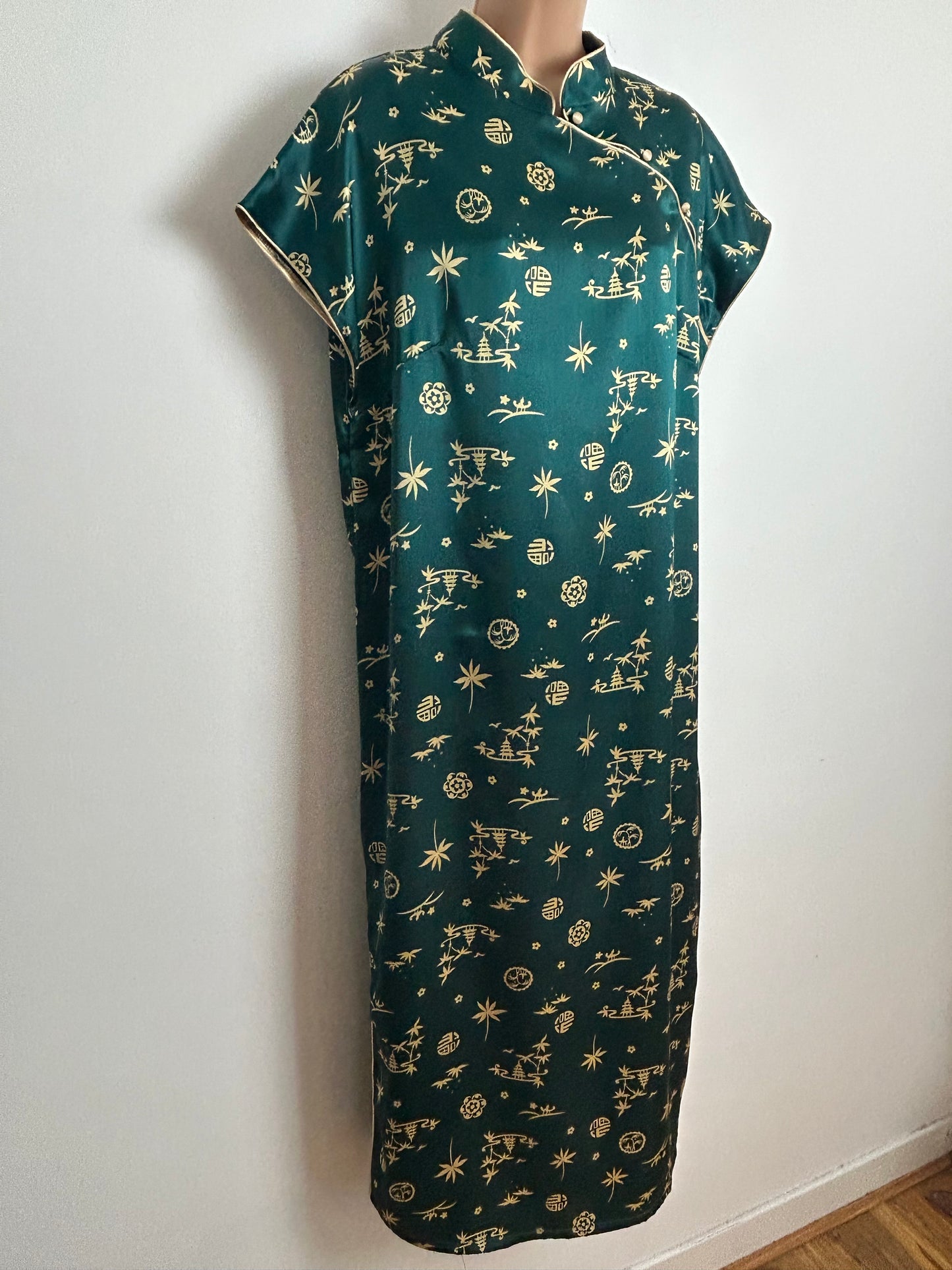 Vintage 1980s PALOMA Up To Size 16 Dark Green & Gold Japanese Pagoda Print Mandarin Collar Kaftan
