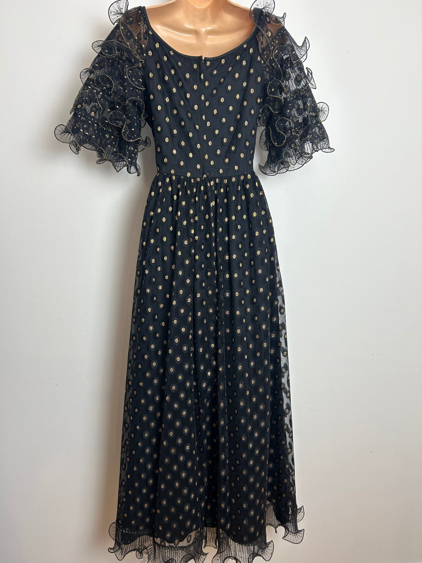 Vintage Late 1970s JOHN CHARLES Size 8 Black & Gold Spot Pattern Ruffle Sleeve Evening Maxi Dress