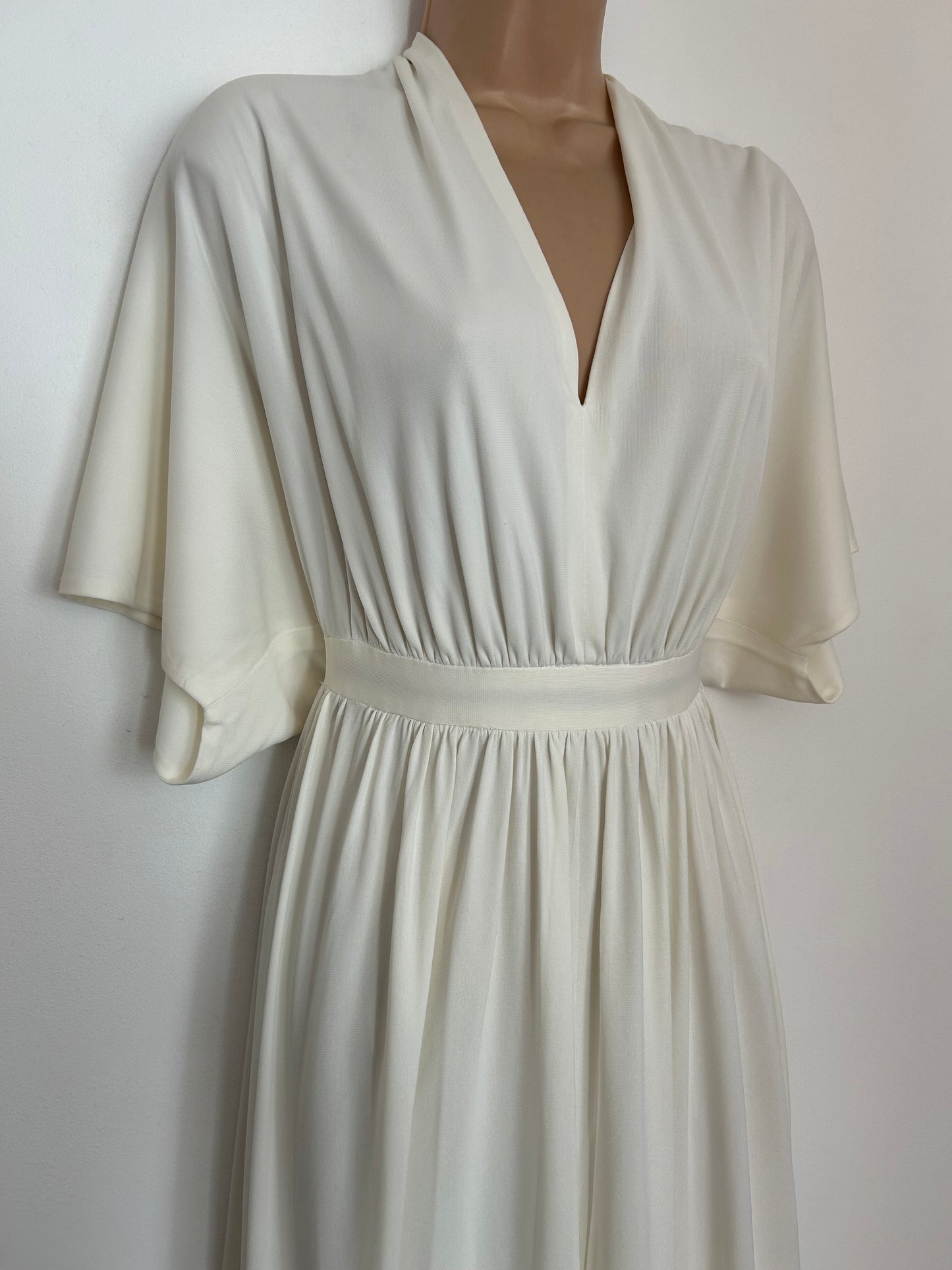 Vintage 1970s FRANK USHER LONDON UK Size 10 Ivory Short Flared Sleeve Occasion Summer Maxi Dress