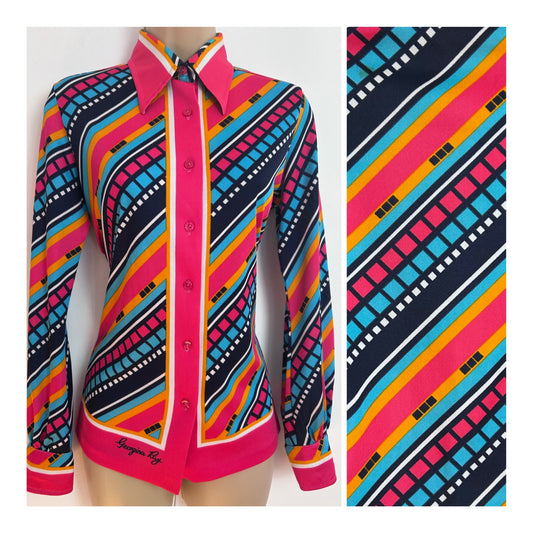 Vintage 1970s Size 10-12 JERSEY MASTERS Hot Pink Orange Turquoise &Navy Blue Stripe Long Sleeve Shir