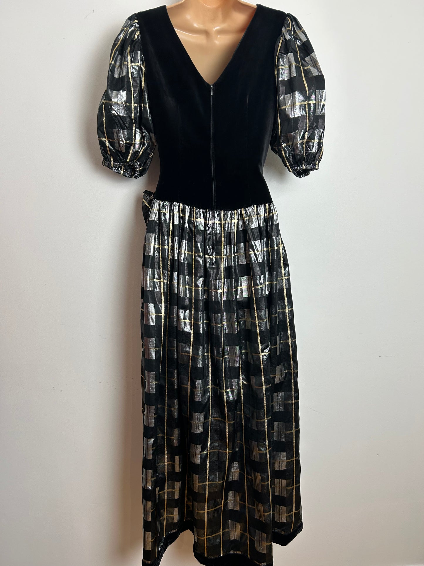 Vintage 1980s AUGUSTAT Size 8 Black Silver & Gold Velvet & Taffeta Bow Detail Evening Occasion Maxi Dress