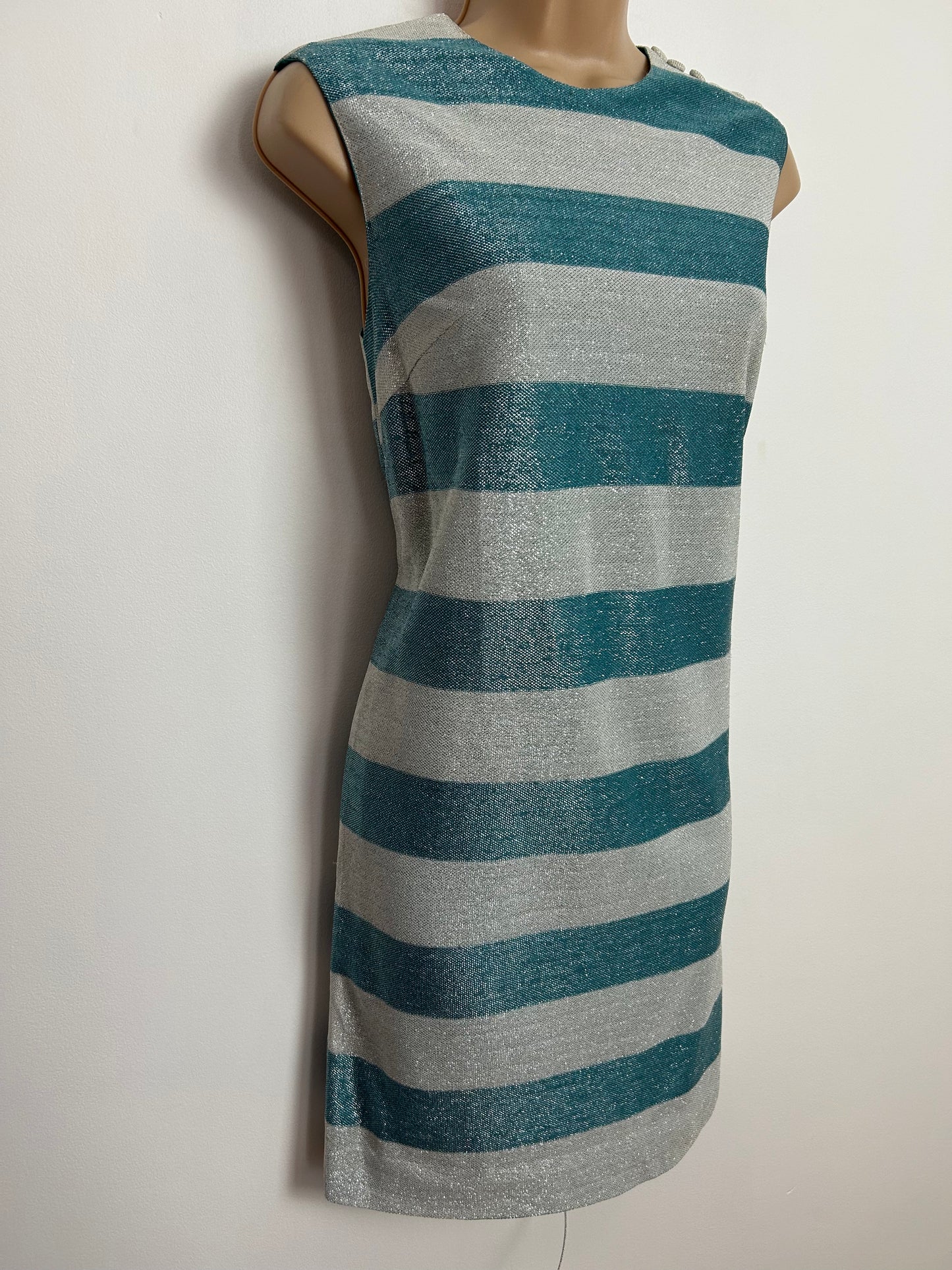 Vintage Early 1960s BLANES UK Size 10 Blue & Silver Stripe Lurex Mod Shift Party Dress