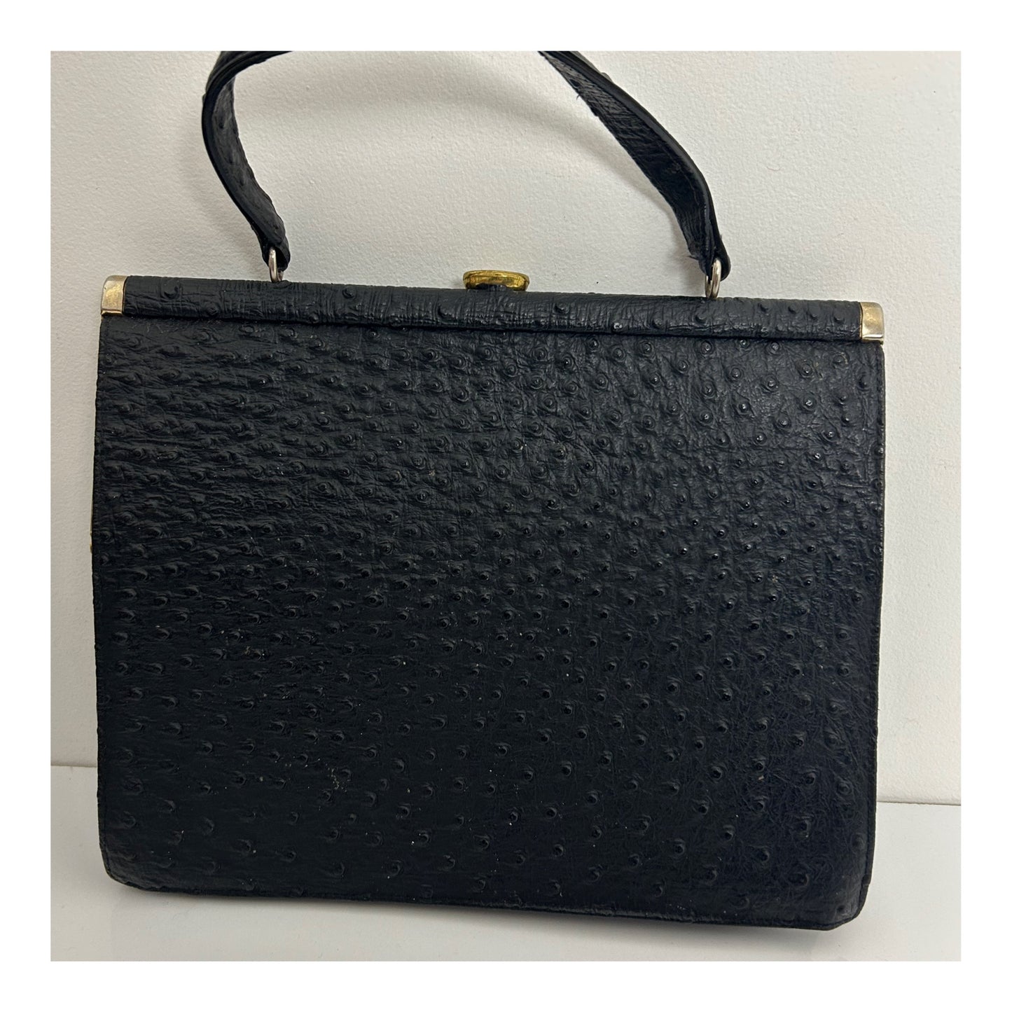 Vintage 1950s Black Ostrich Leather Kelly Style Handbag