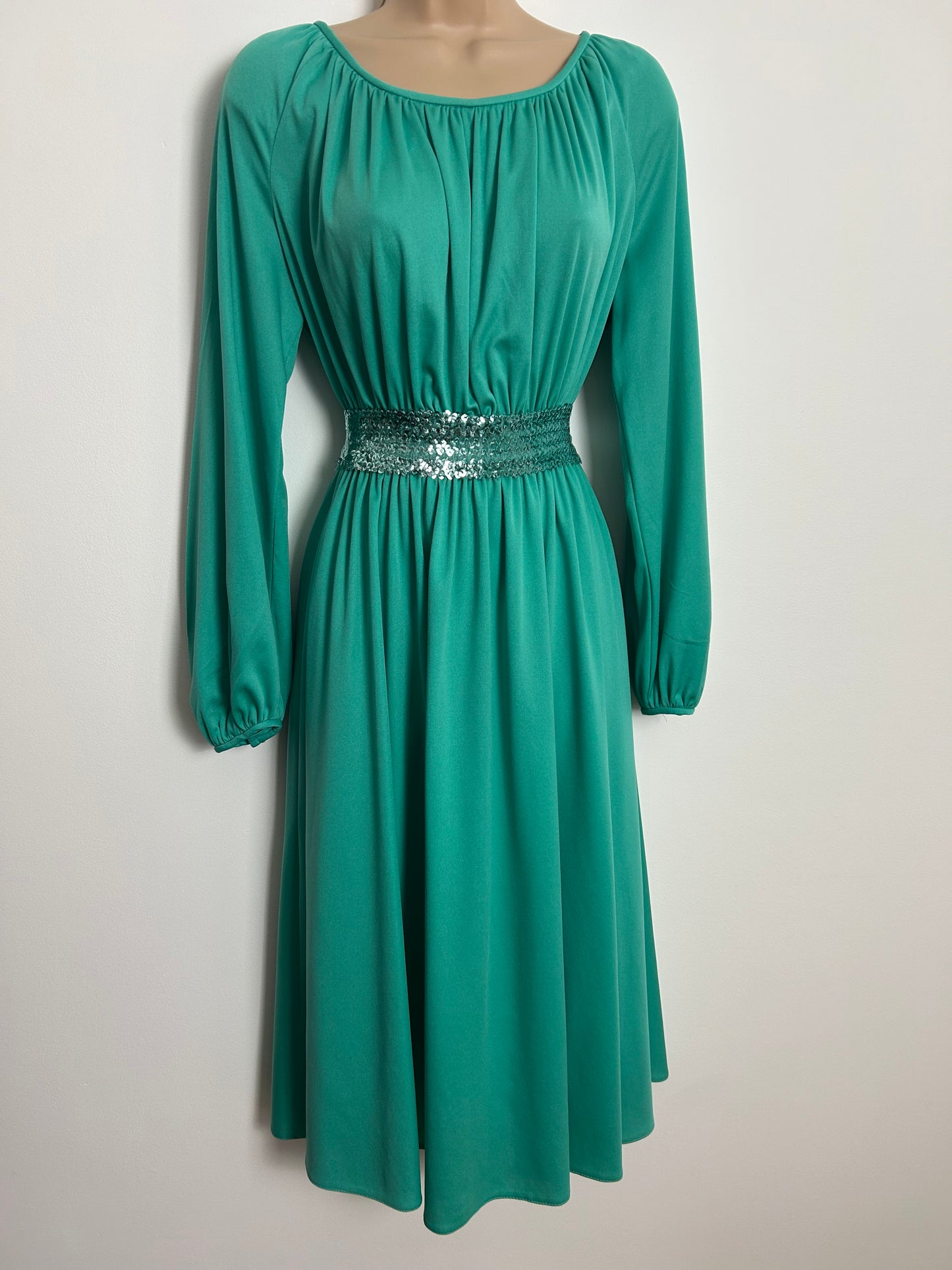 Vintage 1970s TRINA LEWIS UK Size 10 Jade Green Long Sleeve Sequin Waist Detail Long Sleeve Midi Occasion Dress