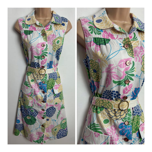 Vintage Early 1970s ST MICHAEL Size 12 White Pink Blue & Beige Floral Print Cotton Belted Mod Day Dress
