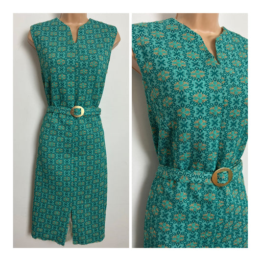 Vintage 1960s Size 16-18 Mint Green Teal & Gold Floral Belted Sleeveless Mod Dress