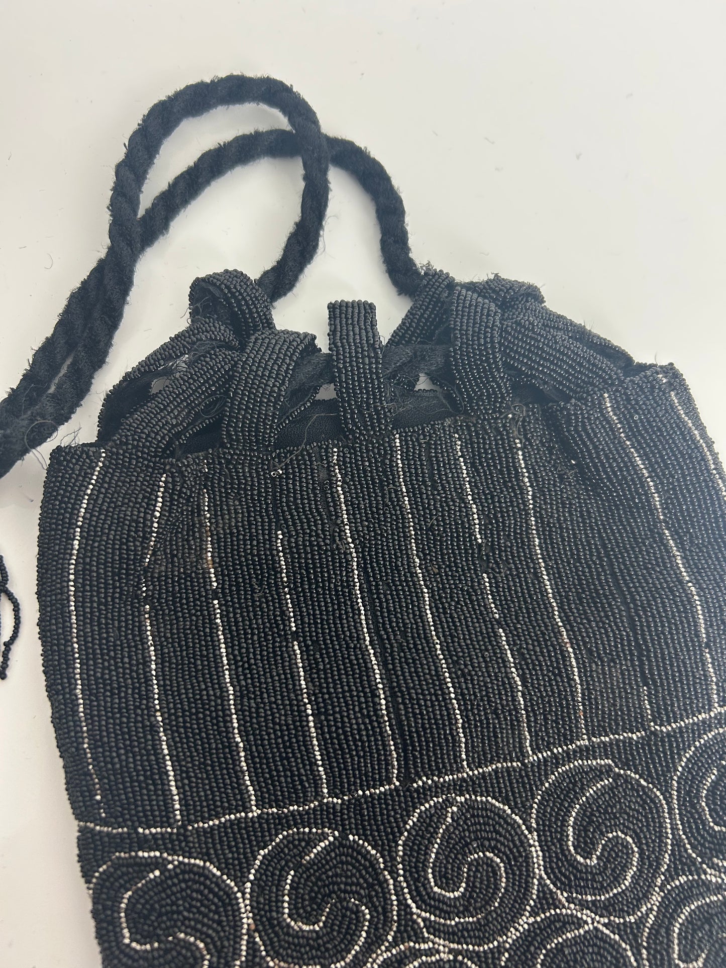 Vintage Circa 1920s Black & Silver Micro Beaded Swirl Pattern Pouch Style Flapper Bag