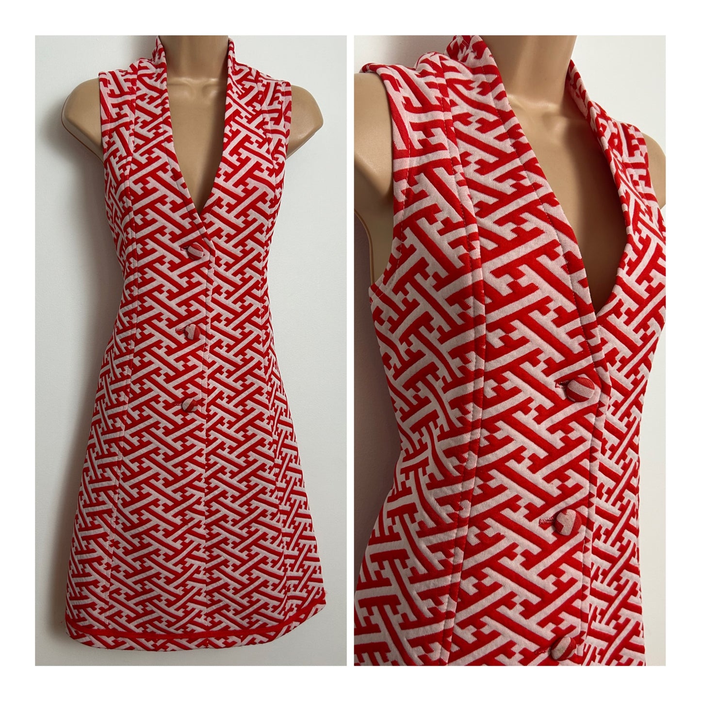 Vintage 1960s Size 12 Red & White Abstract Print Sleeveless Mod Shift Dress