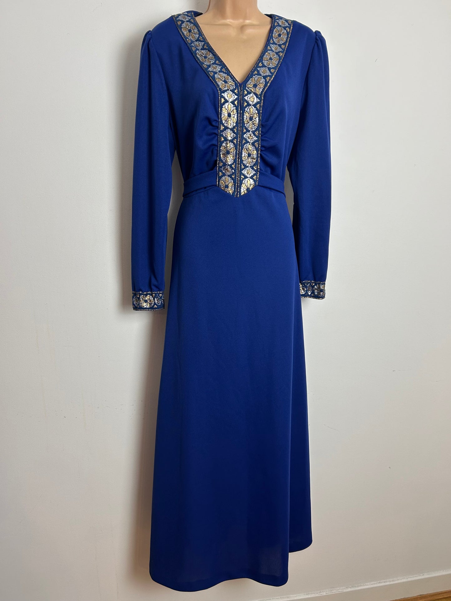 Vintage 1970s Size 16 Navy Blue Silver & Gold Braid Trim Long Sleeve Tie Back Evening Maxi Dress