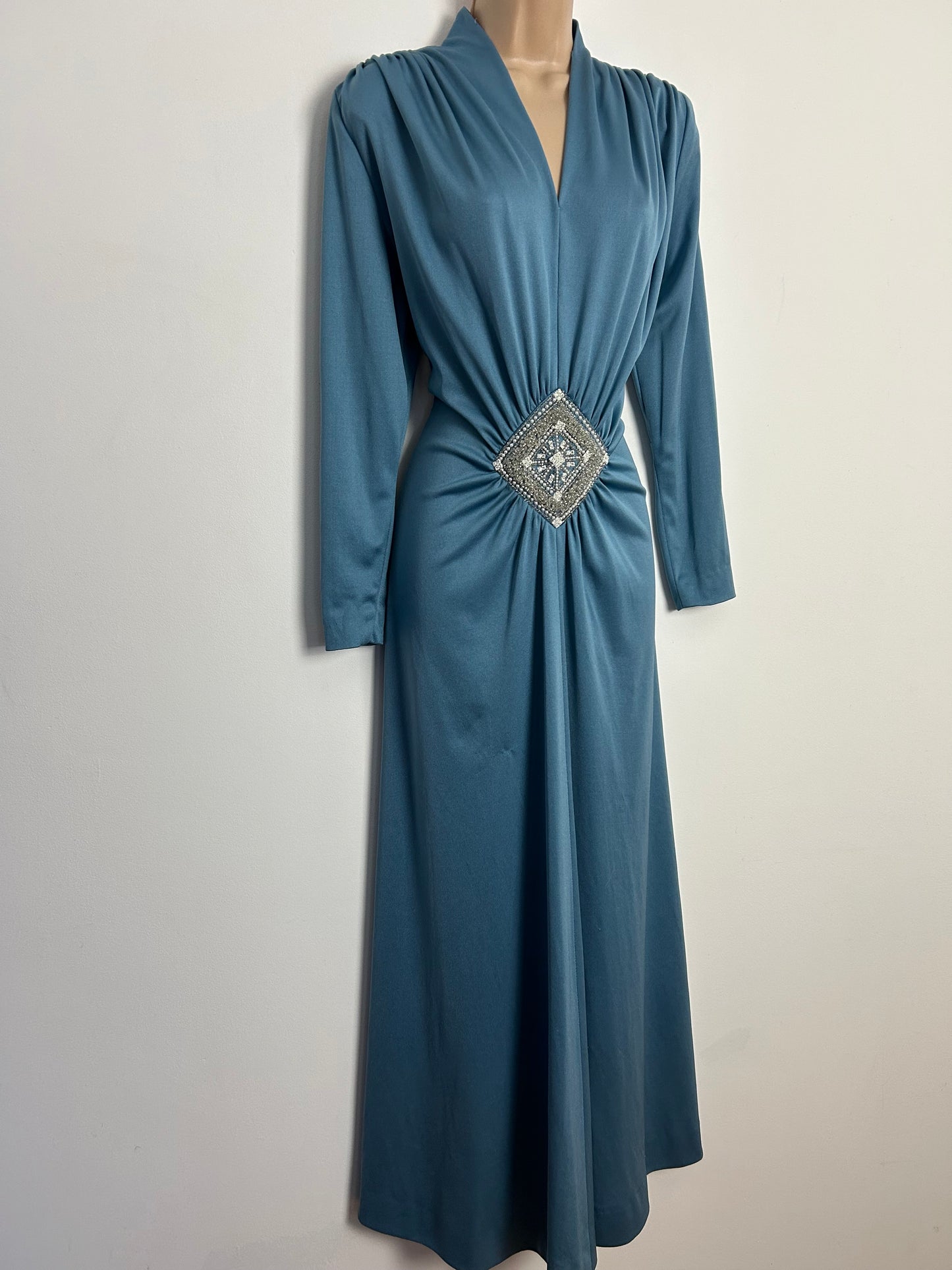 Vintage 1970s MARJON COUTURE & BAKER SPORTSWEAR UK Size 12 -14 Dusky Blue Long Sleeve Bead & Diamante Detail Occasion Maxi Dress
