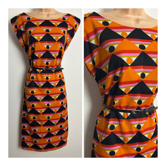 Vintage Early 1970s Size 10 Black Orange Pink & White Geo Print Belted Cap Sleeve Dress