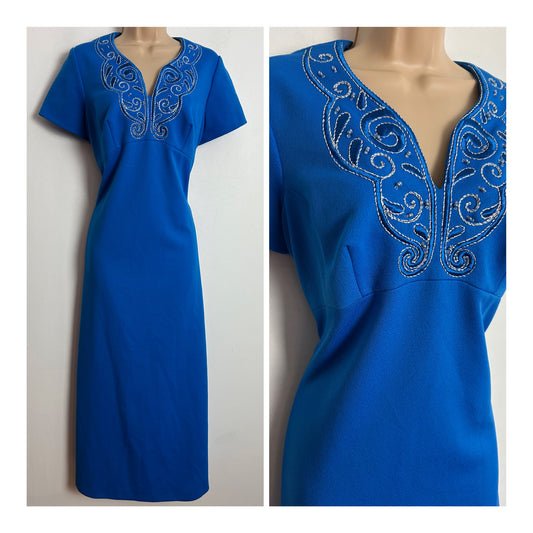 Vintage 1960s UK Size 14 Royal Blue & Silver Embroidered & Bead Detail Occasion Evening Maxi Dress