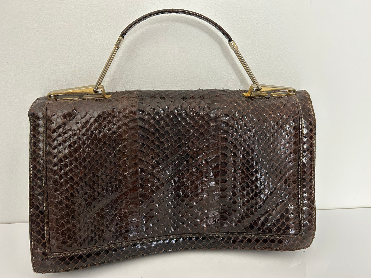 Vintage 1970s Italian Brown Reptile Leather Handbag With Removable Shoulder Strap