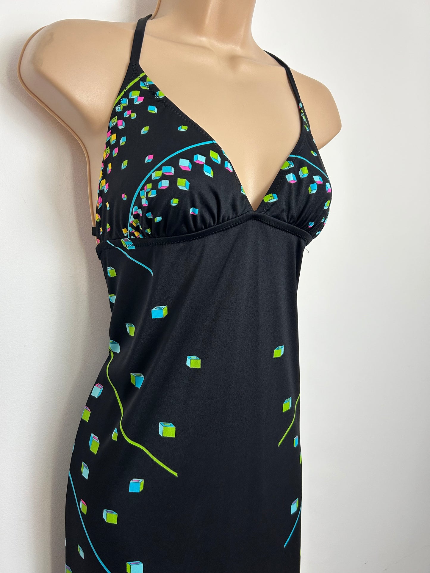 Vintage 1970s Size 8-10 Black & Mulitcolour Geometeric Square Print Halterneck Open Tie Back Maxi Dress