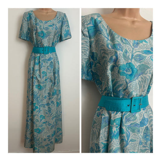 Vintage 1960s DONALD CAMPBELL Size 14 Blue Tones Floral Print Short Sleeve Belted Occasion Maxi Dress