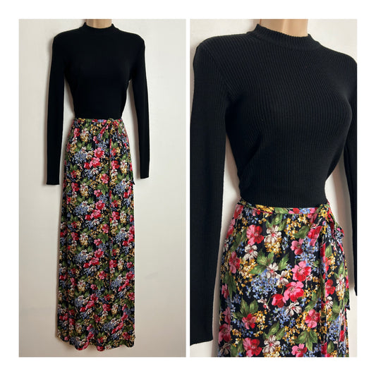 Vintage 1970s FURSTENBERG UK Size 8-10 Black Ribbed Bodice Long Sleeve Belted Floral Maxi Dress