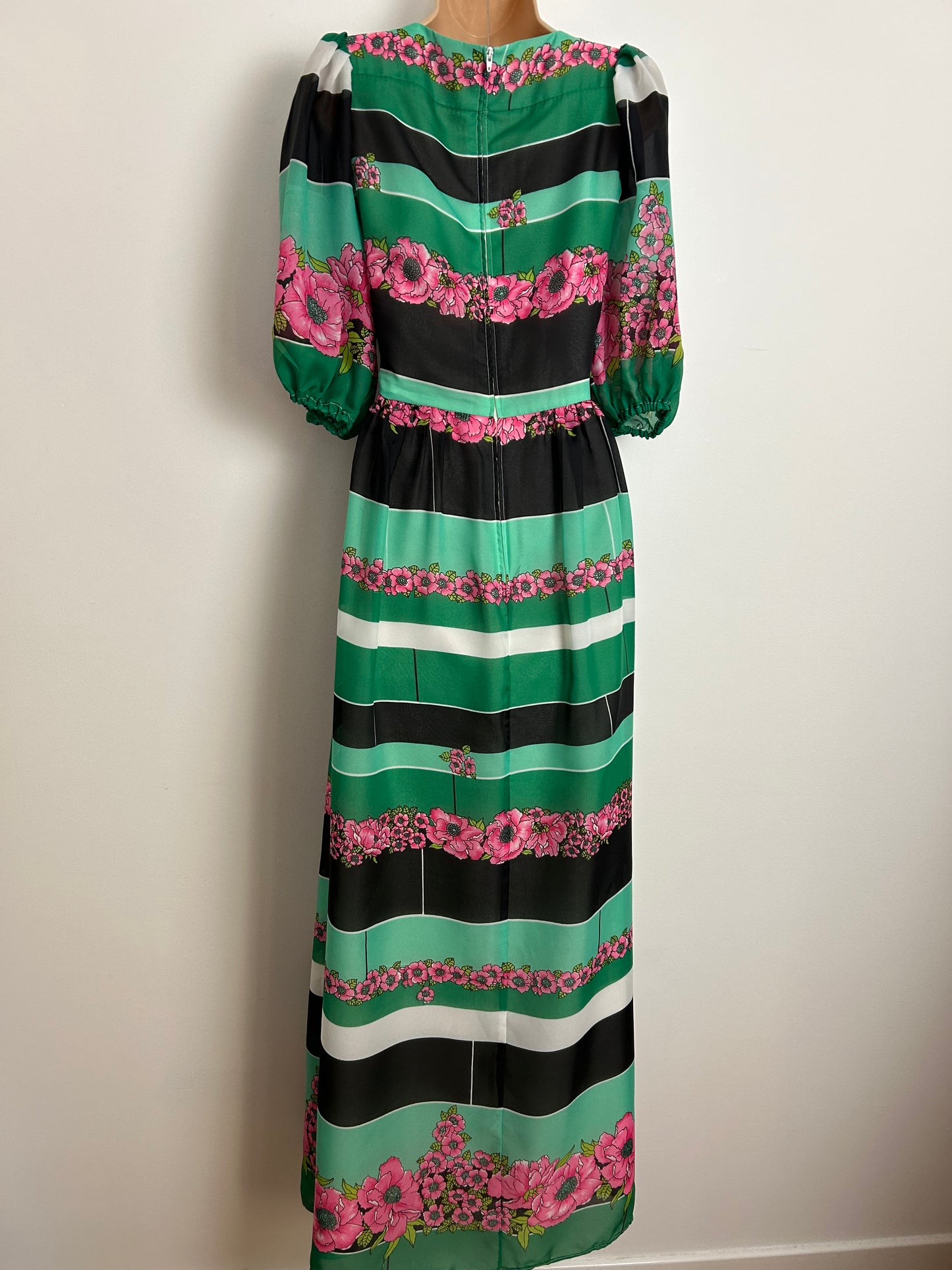 Vintage 1970s Size 10-12 Black Green White & Pink Stripe & Floral Print Puffed Sleeve Maxi Dress