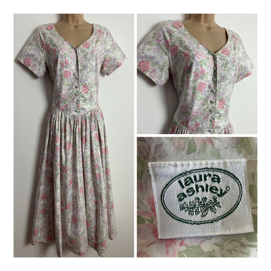 Vintage 1980s LAURA ASHLEY Size 10 (Size 14 On Label) Pretty Pink & Violet Floral Print Cotton Tea Dress