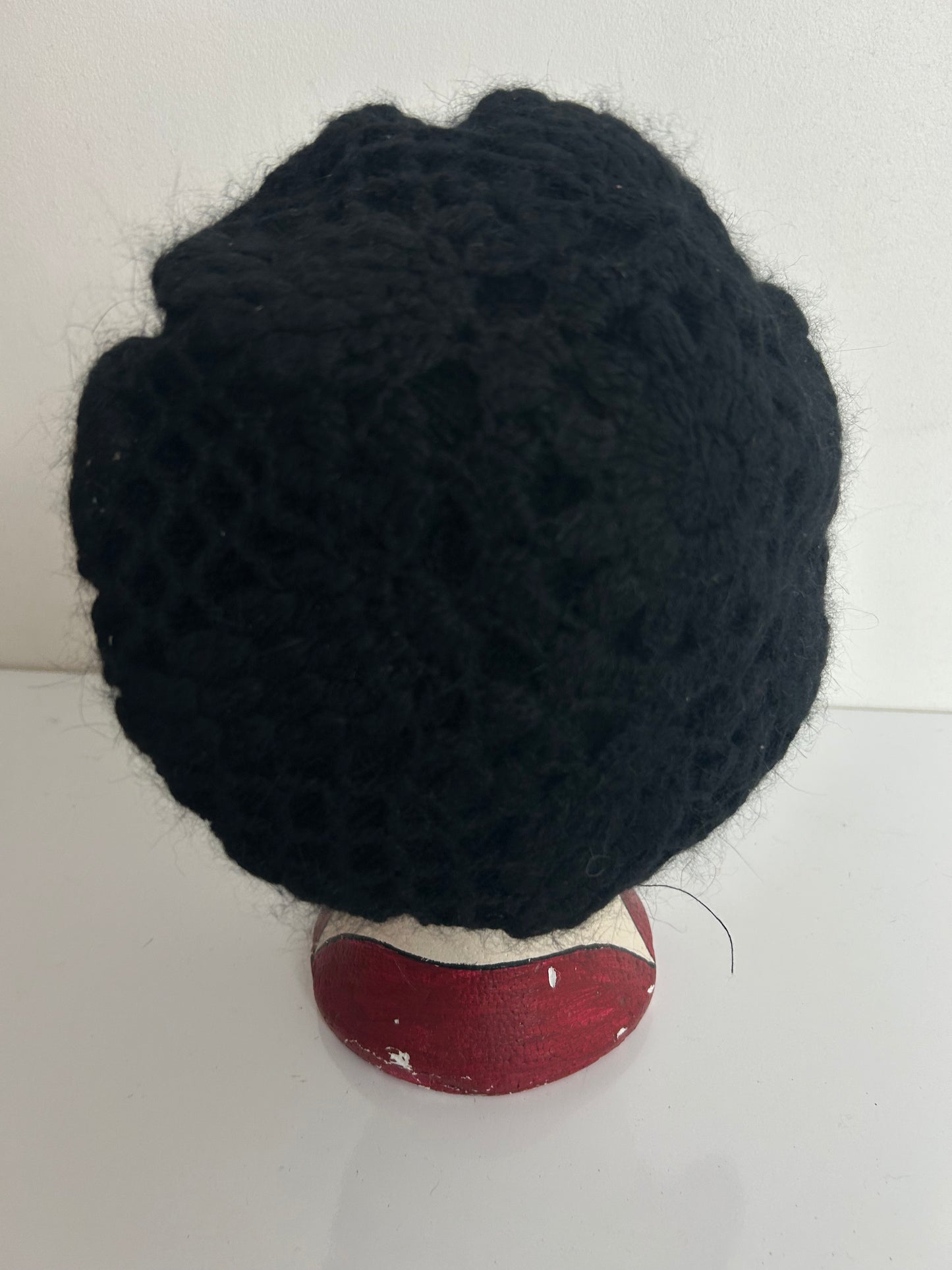 Vintage Black Crochet Wool & Angora Mix Beret Hat
