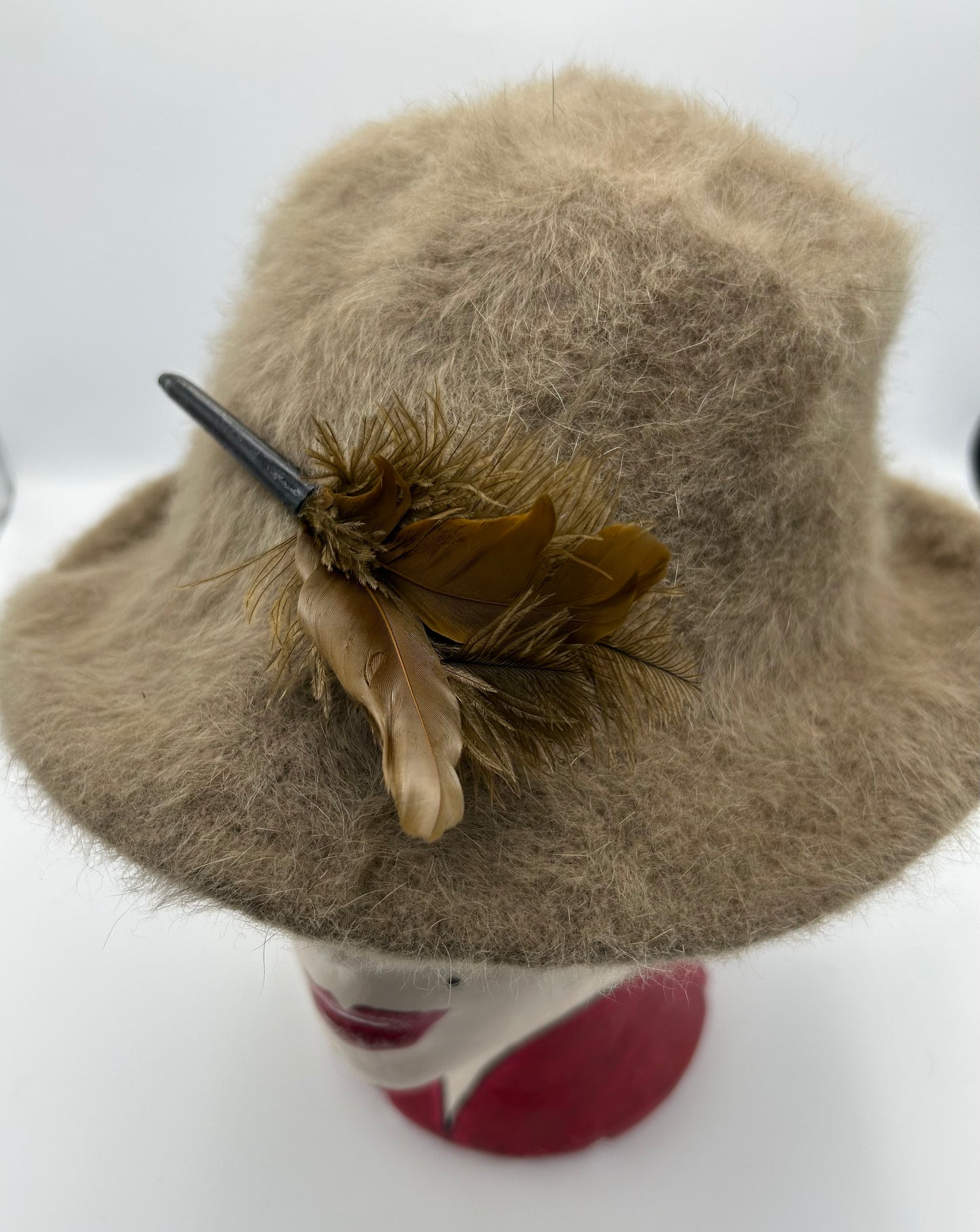 Vintage Camel Brown Angora Mix Feather Detail Trilby Style Hat