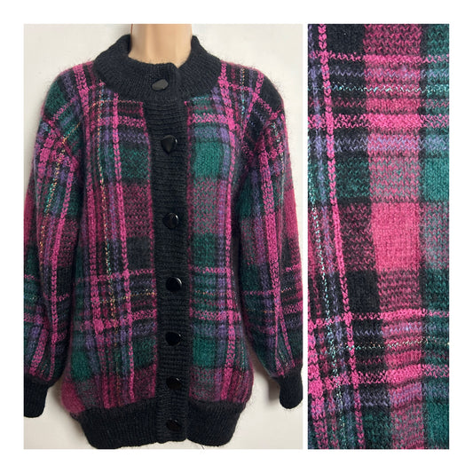 Vintage 1980s Up To Size 14 Black Green & Pink Check Mohair Mix Over Sized Cardigan