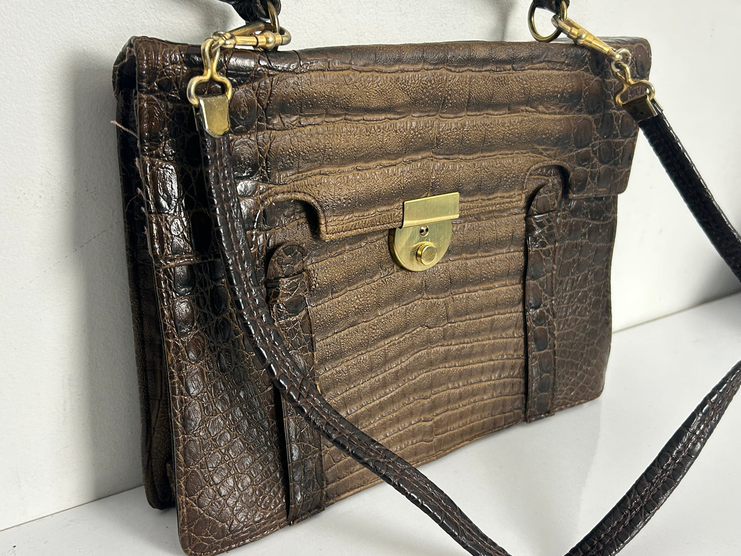 Vintage 1970s Large Brown Real Leather Mock Croc Handbag