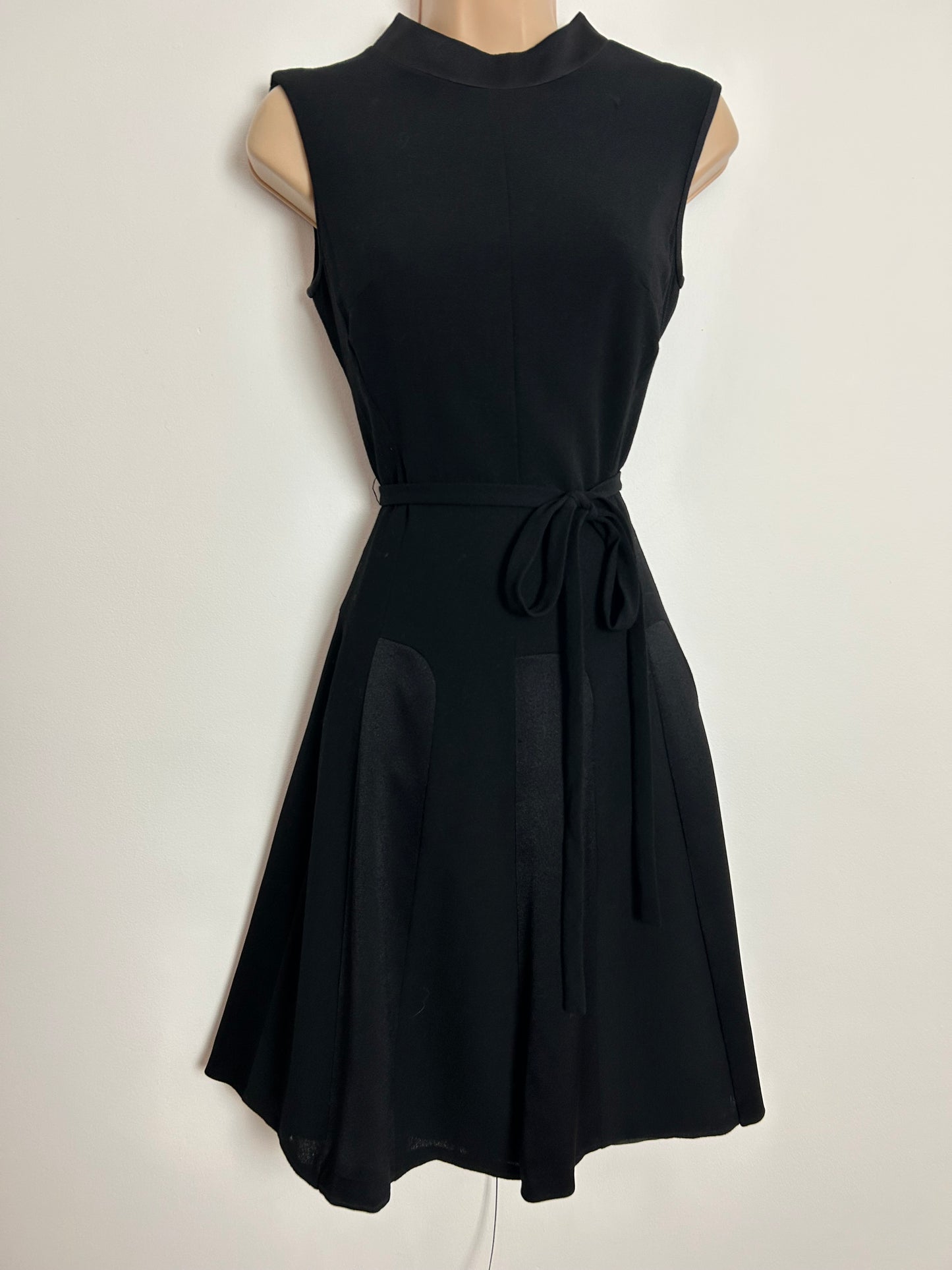 Vintage 1960s UK Size 8 Black Sleeveless Belted Fit & Flare Satin Panel Mod Dress