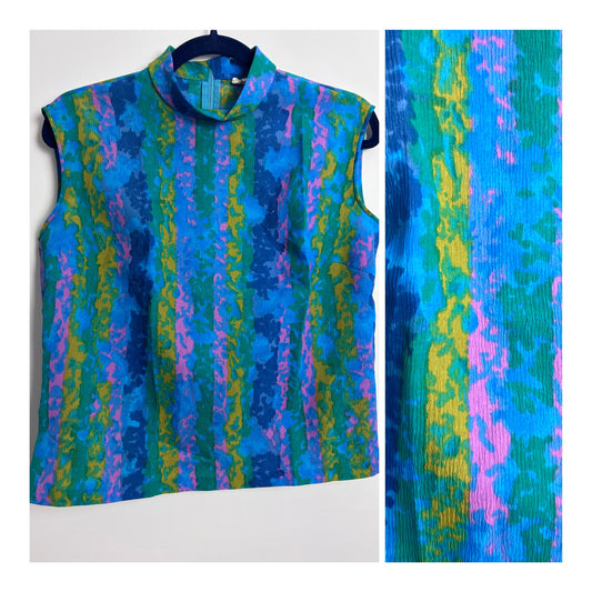 Vintage 1960s UK Size 12 Blue Green Pink & Yellow Abstract Print Rolled Collar Sleeveless Top