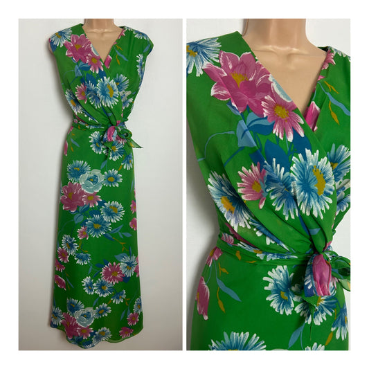Vintage 1970s Size 14-16 Green Pink & Blue Bold Floral Print Sleeveless Belted Occasion Summer Maxi Dress