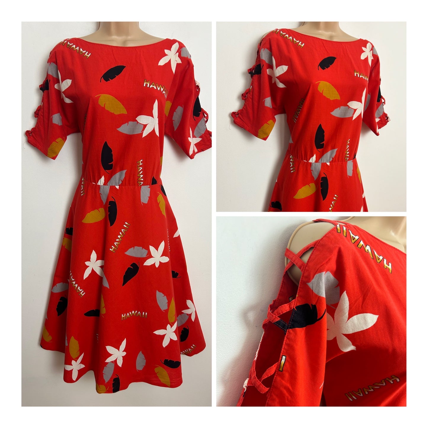 Vintage 1980s UK Size 12-14 Red Floral Leaf "Hawaii" Print Lattice Sleeves Cotton Swing Style Summer Dress