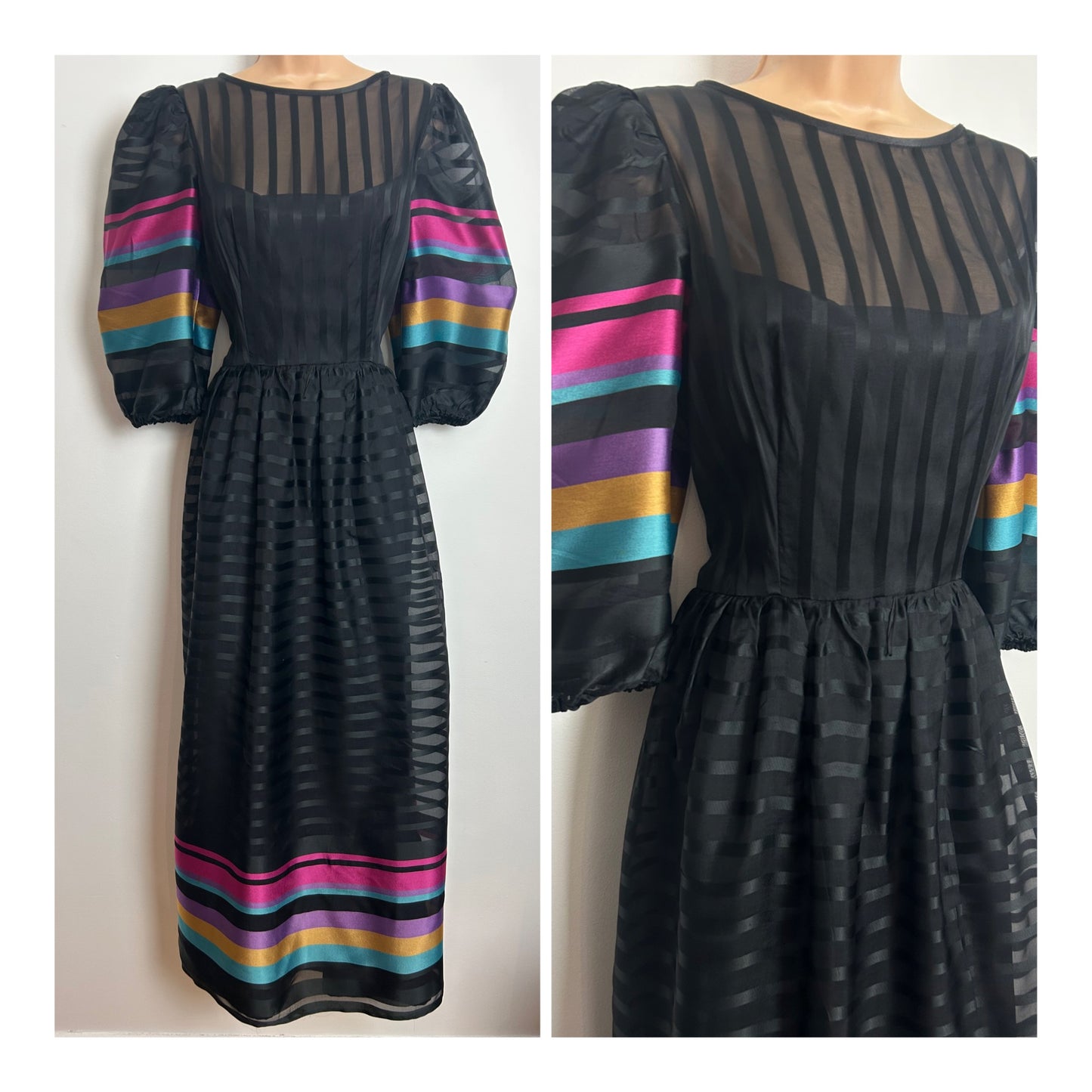 Vintage 1980s CHARADE Size 10-12 Black Blue Pink Mustard & Purple Stripe Print Maxi Dress