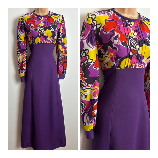 Vintage 1970s Size 12 Purple Red Yellow White Floral Print Long Sleeve Tie Back Maxi Dress