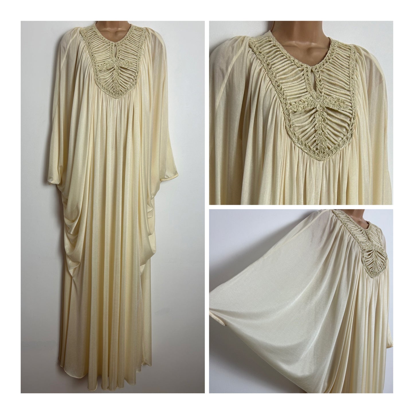 Vintage 1970s UK Size 10-12 STUNNING Cream Huge Flared Sleeve Lace Ladder Detail Special Occasion Kaftan