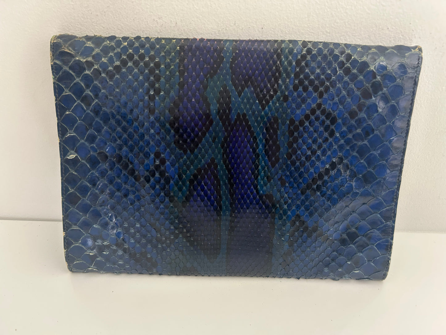 Vintage 1980s Dark Blue Tones Snake Skin Leather Clutch Or Shoulder Bag