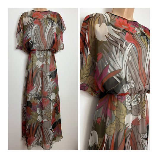 Vintage Early 1980s Size 10 Grey Green & Dark Red Floral Print Chiffon Maxi Dress